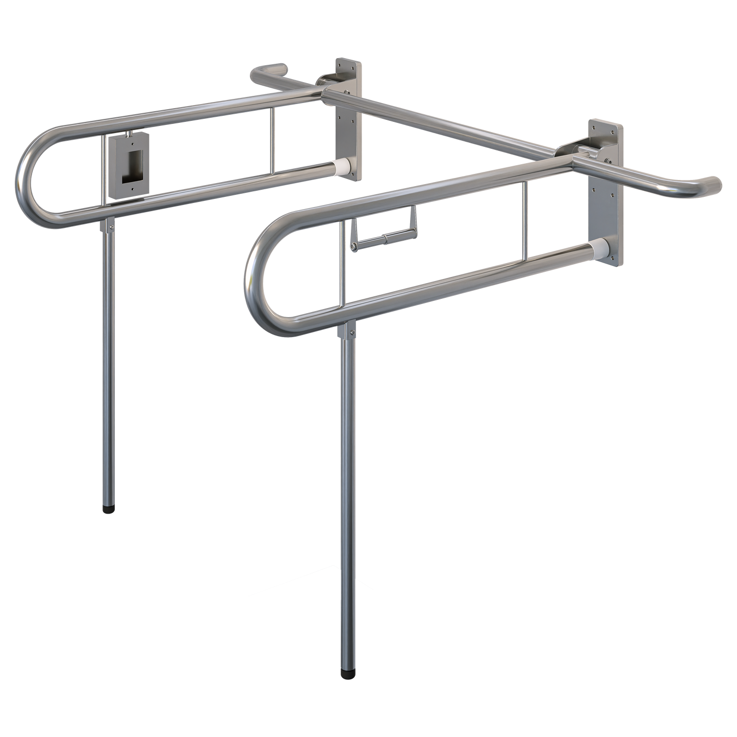 Bariatric Twin Drop Down Grab Rails. Left-Hand Drop Down Rail contains a Toilet Roll Holder and Right-Hand Drop Down Rail contains a Nurse Call in Satin Stainless Steel * Special Order Product