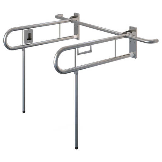 Bariatric Twin Drop Down Grab Rails. Left-Hand Drop Down Rail contains a Toilet Roll Holder and Right-Hand Drop Down Rail contains a Nurse Call in Satin Stainless Steel * Special Order Product