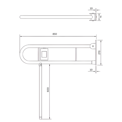 Changing Places Bariatric Drop Down Grab Rail (Single), Left Hand Nurse Call, Drop Down Leg in Satin Stainless Steel * Special Order Product