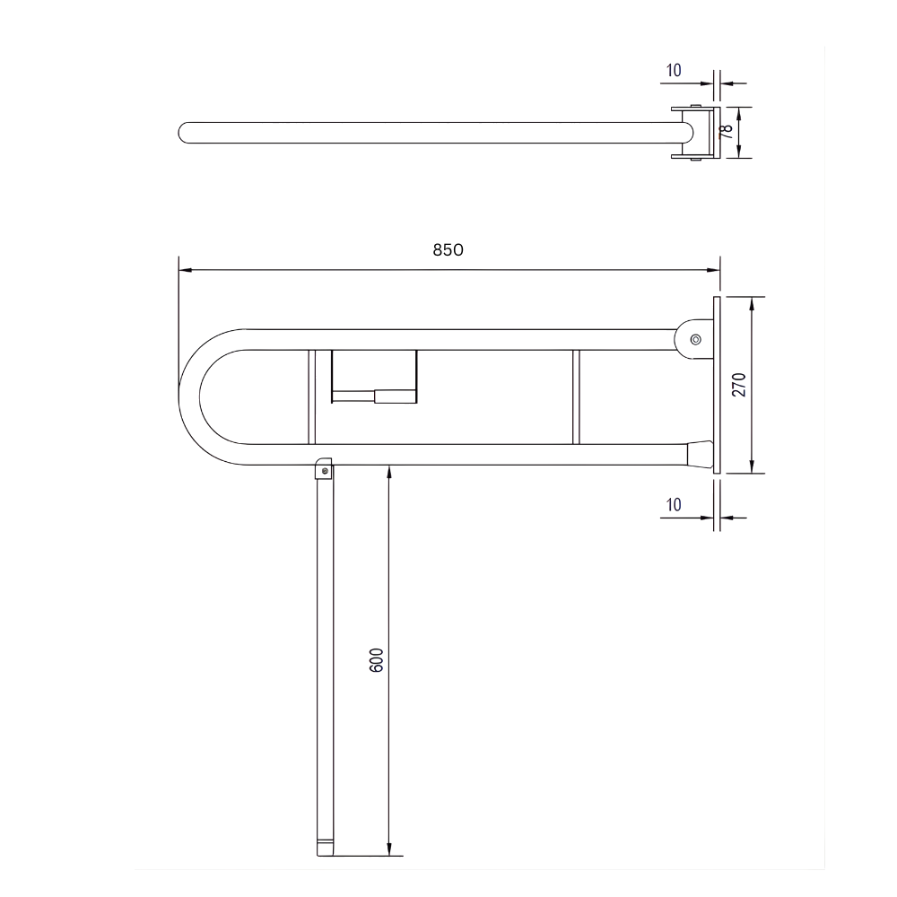 Changing Places Bariatric Drop Down Grab Rail (Single), Toilet Roll Holder, Drop Down Leg in Satin Stainless Steel * Special Order Product