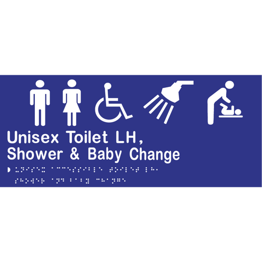 Unisex Accessible Toilet LH, Shower & Baby Change Sign -Vinyl - Blue with White Infill
