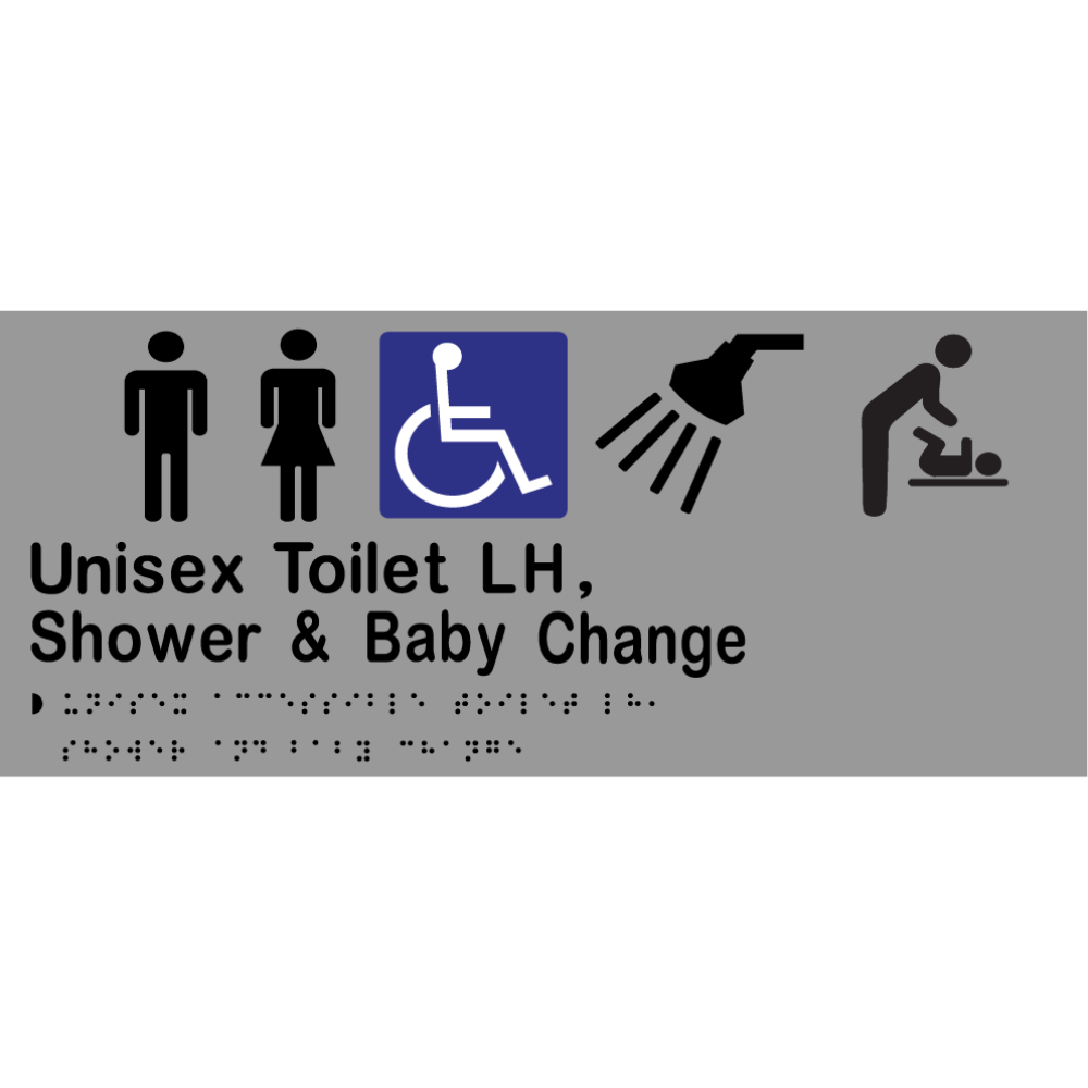 Unisex Accessible Toilet LH, Shower & Baby Change Sign - Stainless Steel with Black Infill