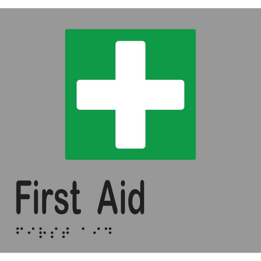 First Aid Braille Sign - Vinyl - Silver with Black Infill