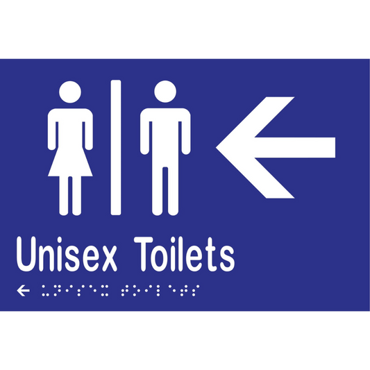 Unisex Toilets Div & Left Arrow Braille Sign -Vinyl - Blue with White Infill