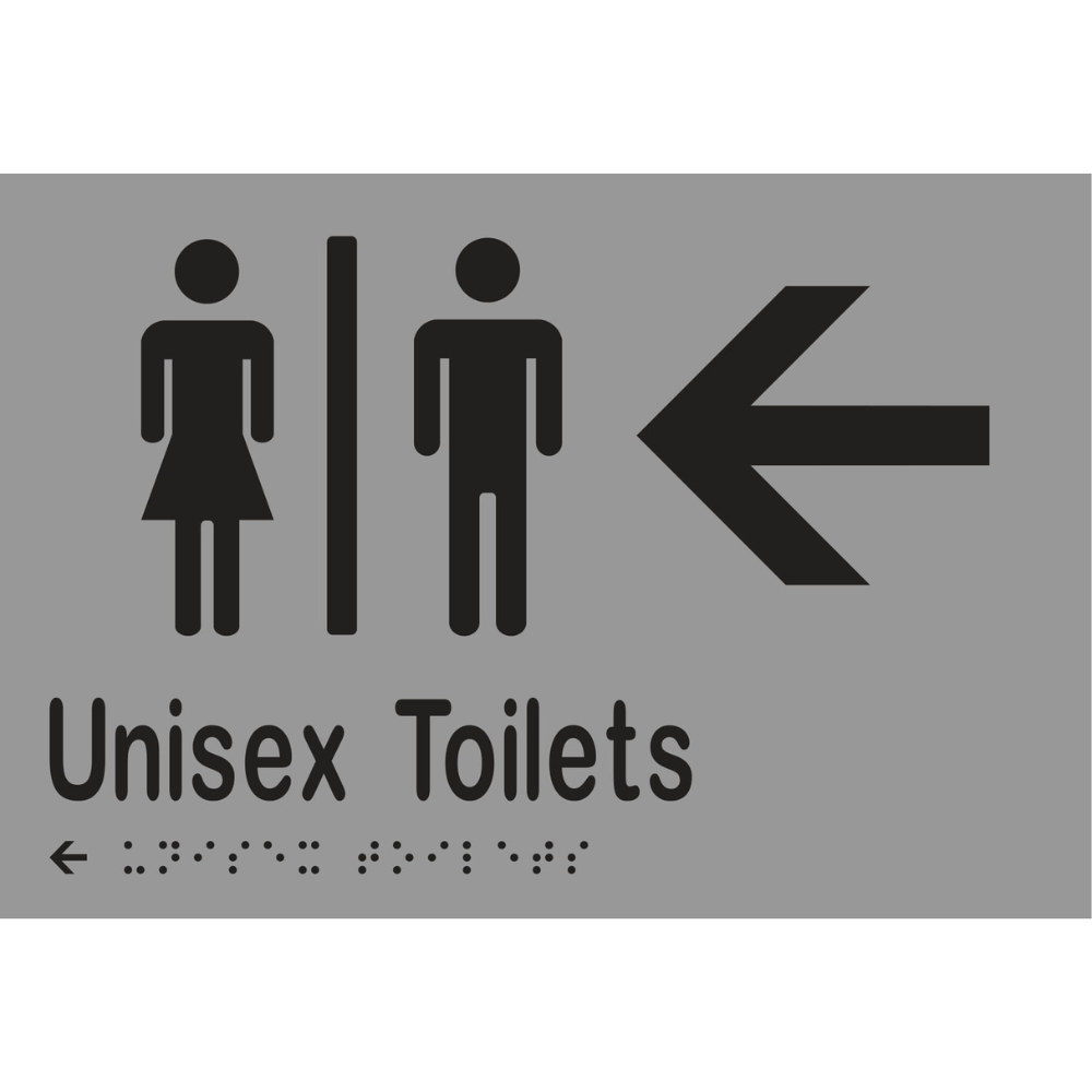 Unisex Toilets Div & Left Arrow Braille Sign - Vinyl - Silver with Black Infill