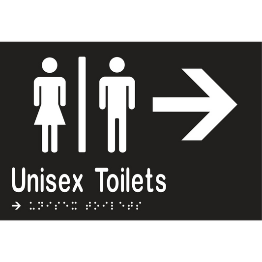 Unisex Toilets Div & Right Arrow Braille Sign - Vinyl - Black with White Infill