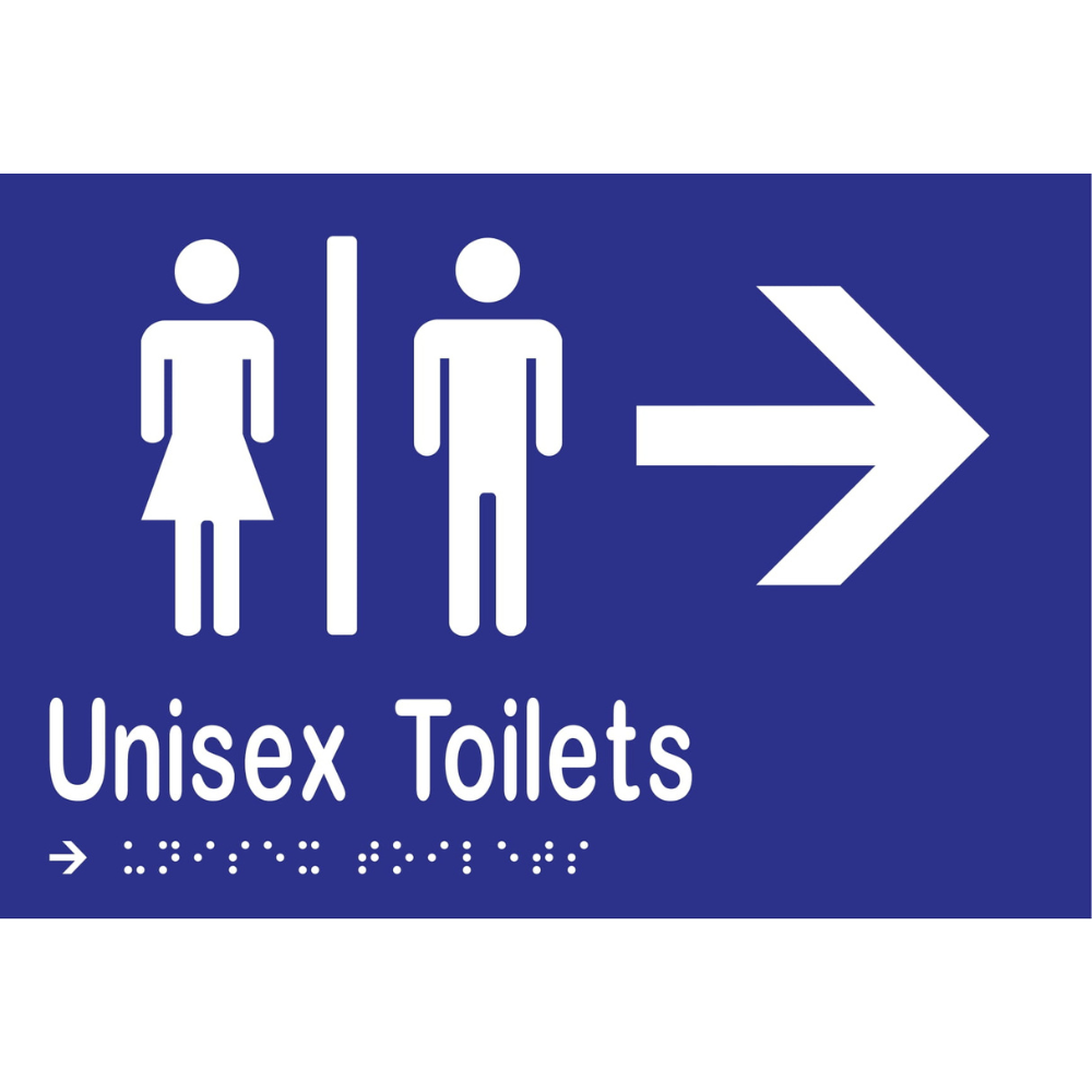 Unisex Toilets Div & Right Arrow Braille Sign -Vinyl - Blue with White Infill