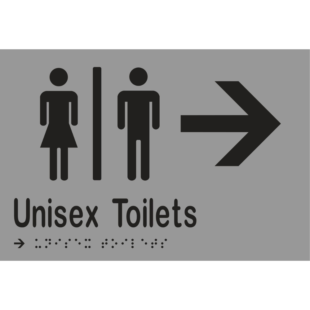 Unisex Toilets Div & Right Arrow Braille Sign - Vinyl - Silver with Black Infill