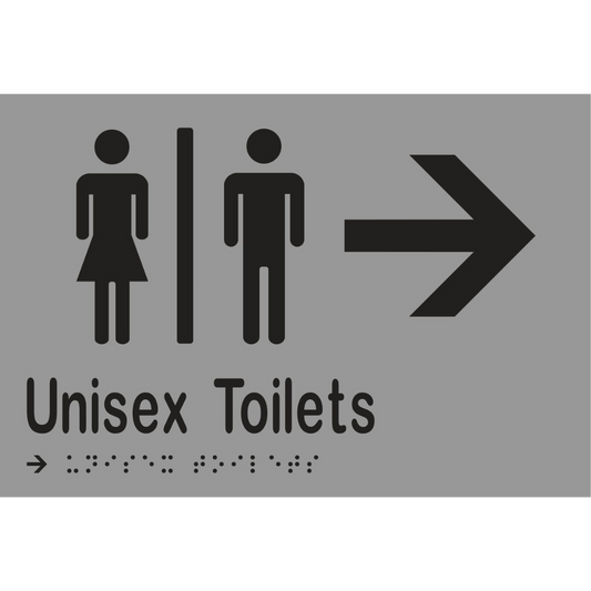 Unisex Toilets Div & Right Arrow Braille Sign - Vinyl - Silver with Black Infill