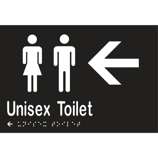 Unisex Toilet & Left Arrow Braille Sign - Vinyl - Black with White Infill
