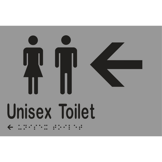 Unisex Toilet & Left Arrow Braille Sign - Stainless Steel with Black Infill