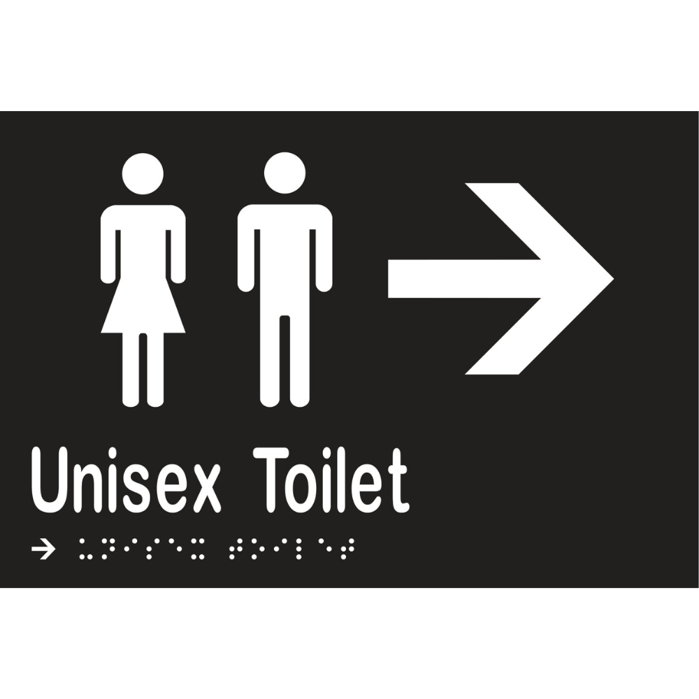Unisex Toilet & Right Arrow Braille Sign - Vinyl - Black with White Infill