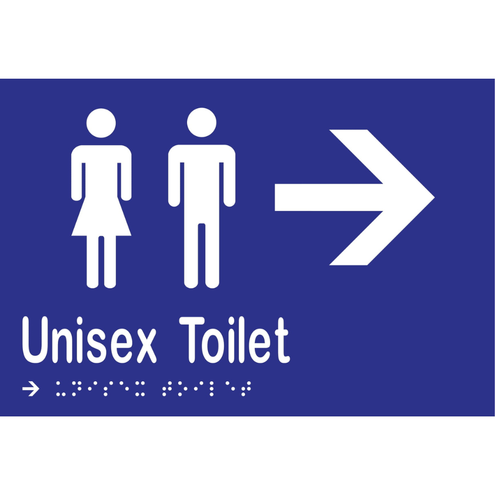 Unisex Toilet & Right Arrow Braille Sign -Vinyl - Blue with White Infill