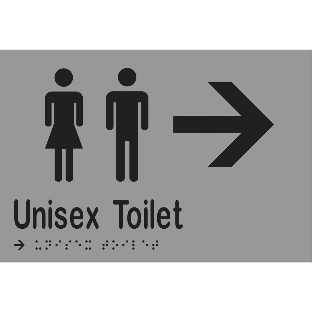 Unisex Toilet & Right Arrow Braille Sign - Vinyl - Silver with Black Infill