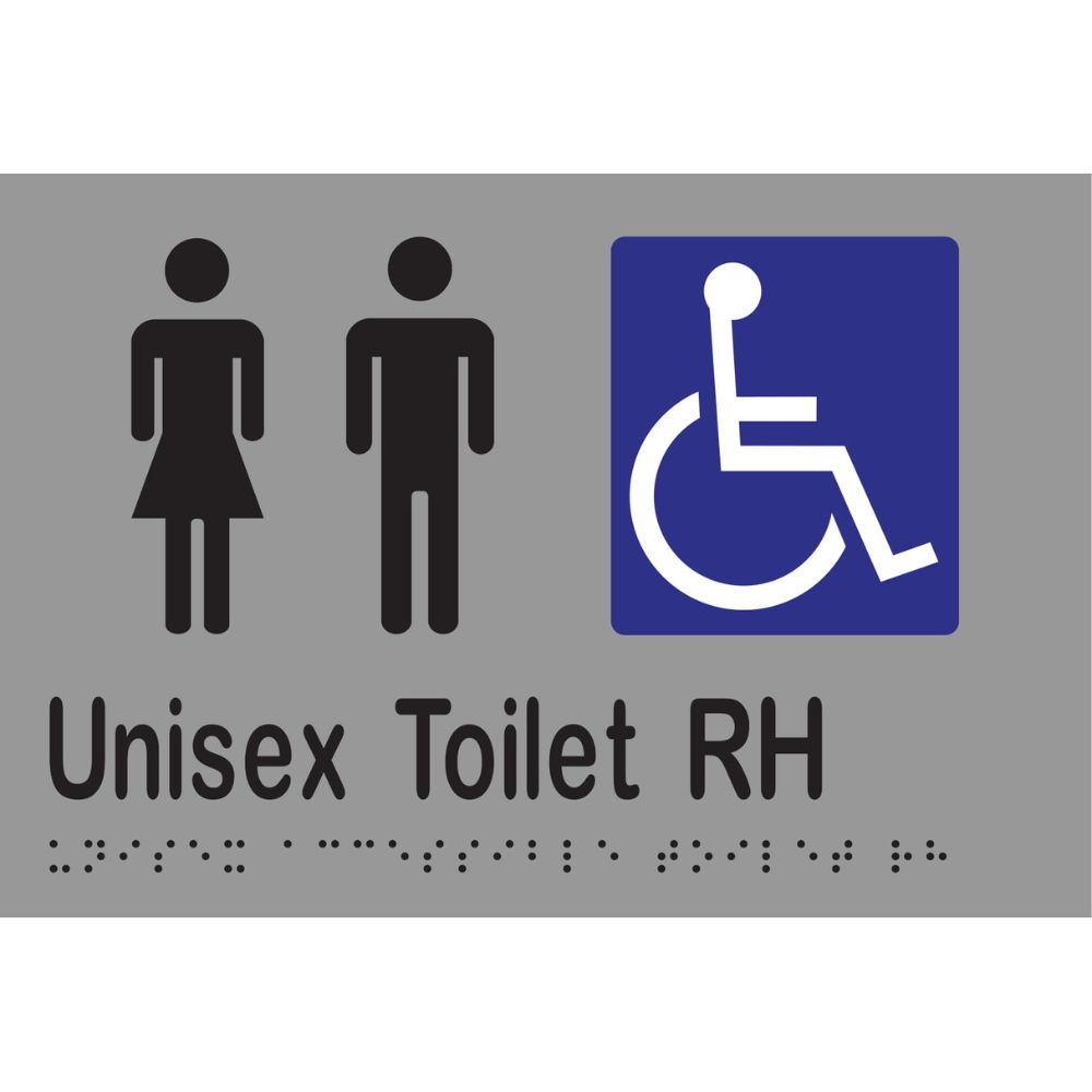 Unisex Acc Toilet RH Braille Sign - Stainless Steel with Black Infill
