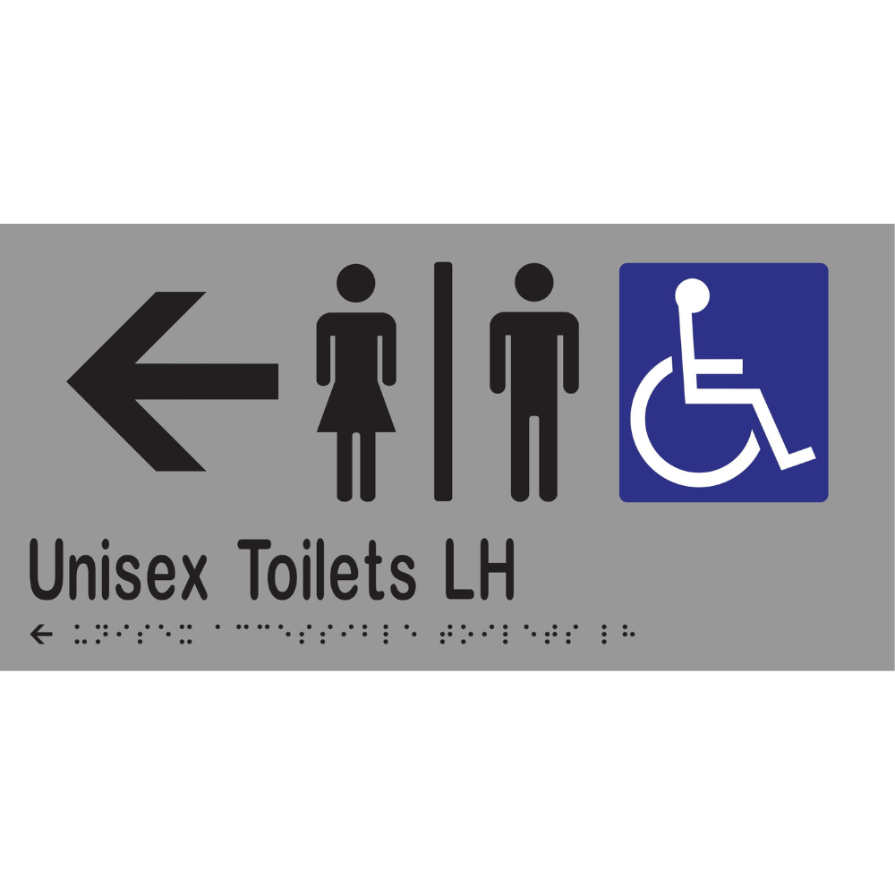Unisex Acc Tlts Div LH & Left Arrow Braille Sign - Vinyl - Silver with Black Infill