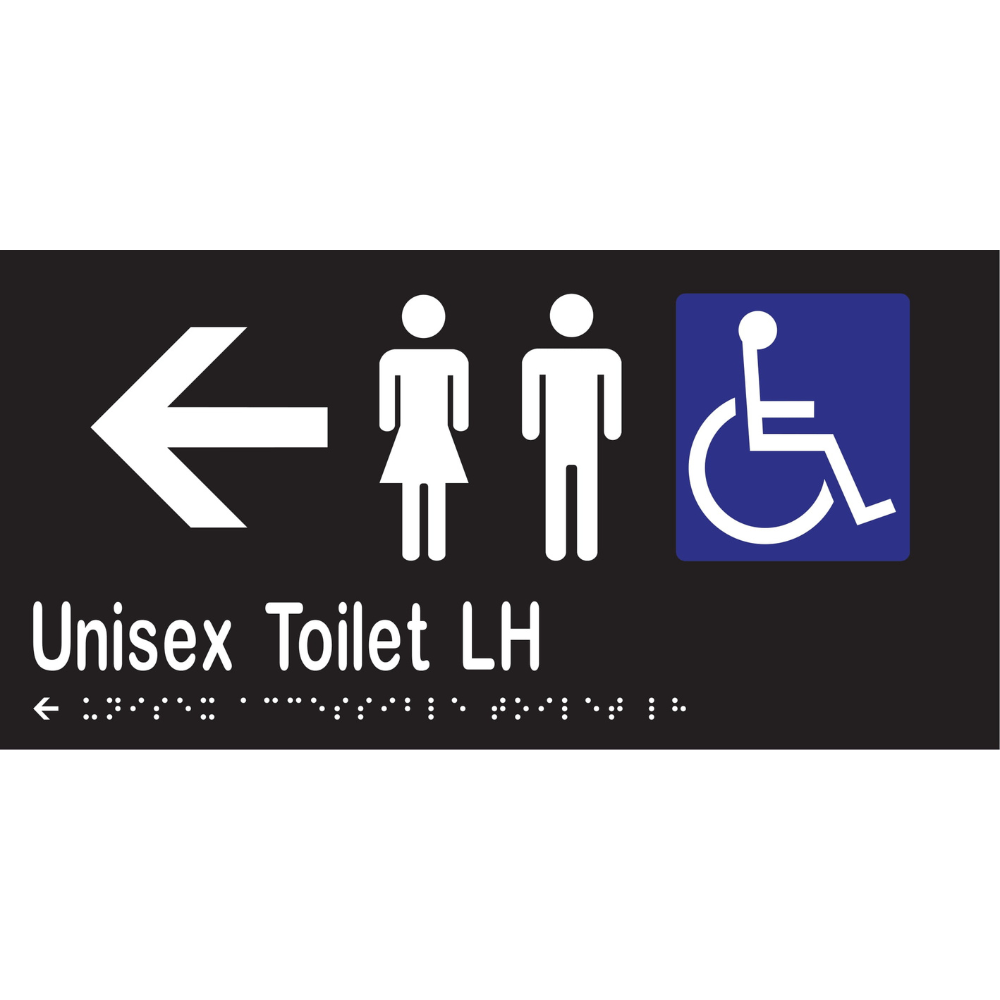 Unisex Acc Toilet LH & Left Arrow Braille Sign - Vinyl - Black with White Infill