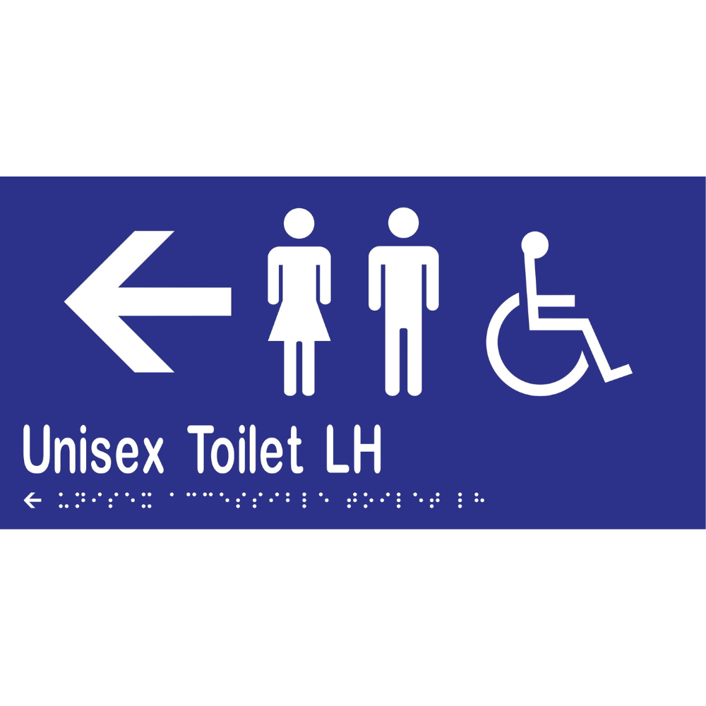 Unisex Acc Toilet LH & Left Arrow Braille Sign -Vinyl - Blue with White Infill