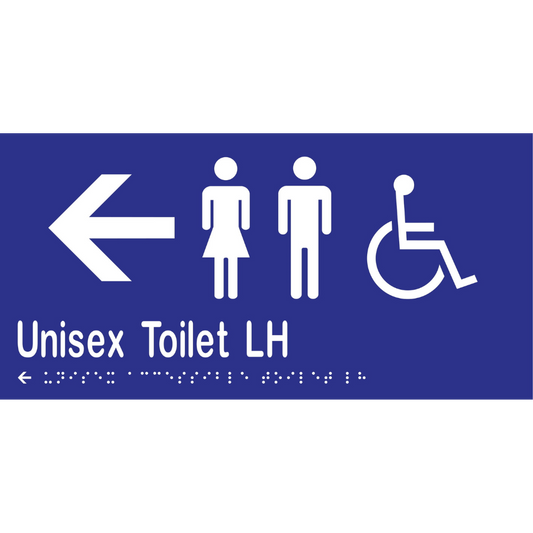 Unisex Acc Toilet LH & Left Arrow Braille Sign -Vinyl - Blue with White Infill