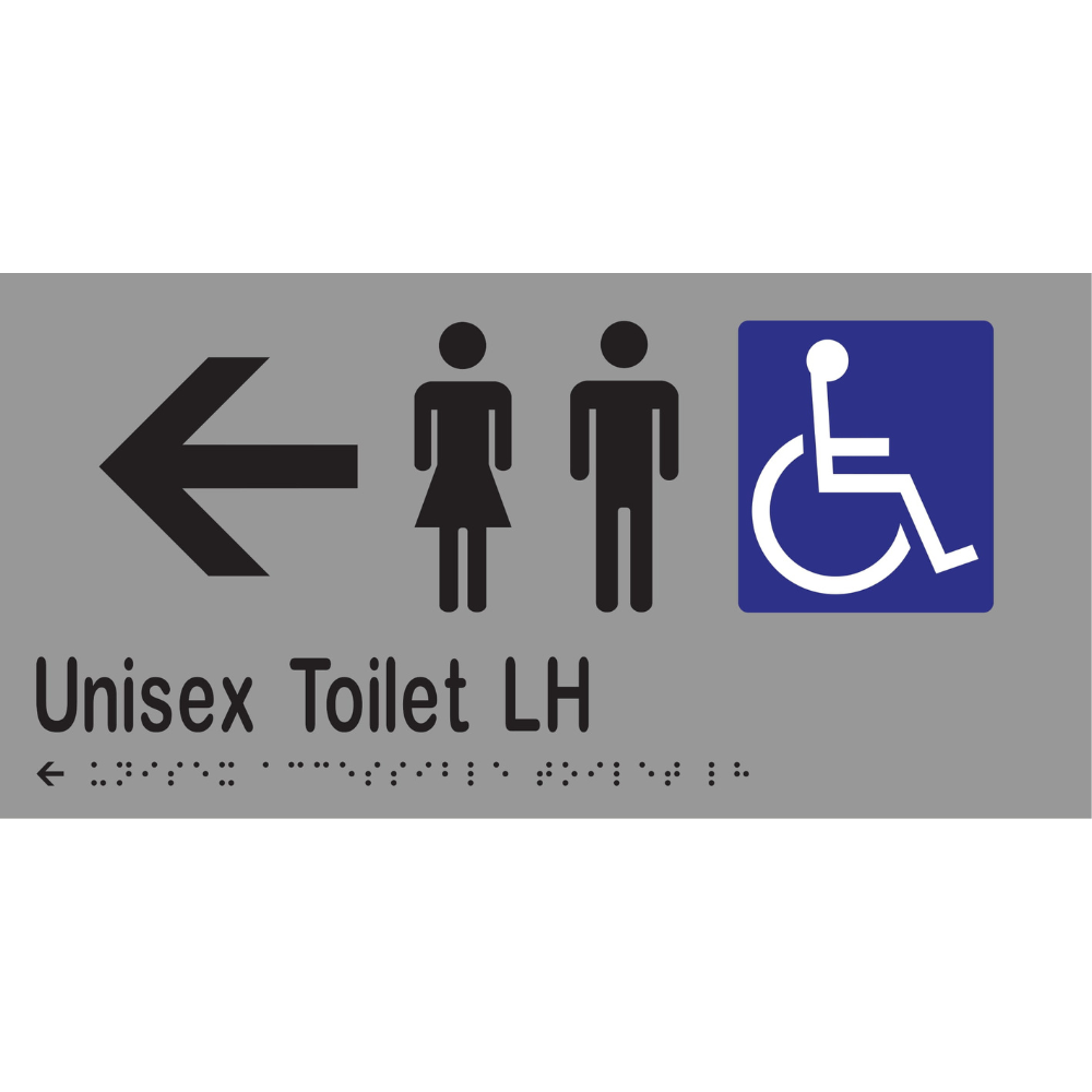 Unisex Acc Toilet LH & Left Arrow Braille Sign - Vinyl - Silver with Black Infill