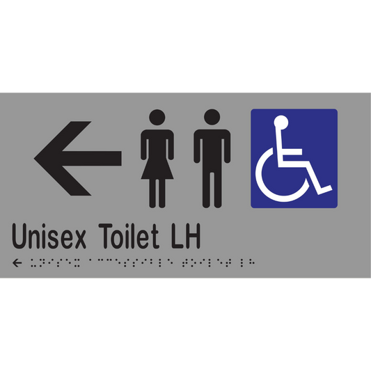 Unisex Acc Toilet LH & Left Arrow Braille Sign - Stainless Steel with Black Infill