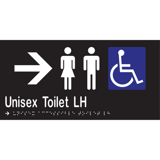 Unisex Acc Toilet LH & Right Arrow Braille Sign - Vinyl - Black with White Infill