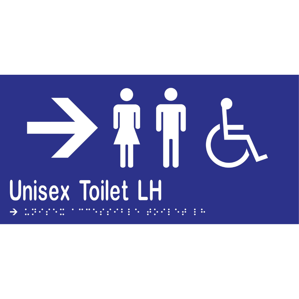 Unisex Acc Toilet LH & Right Arrow Braille Sign -Vinyl - Blue with White Infill