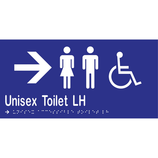 Unisex Acc Toilet LH & Right Arrow Braille Sign -Vinyl - Blue with White Infill