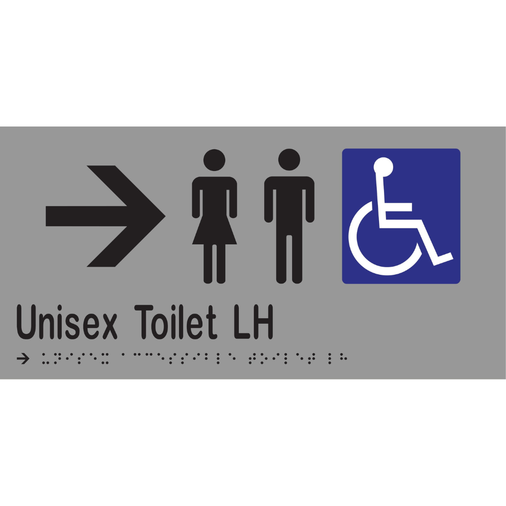 Unisex Acc Toilet LH & Right Arrow Braille Sign - Vinyl - Silver with Black Infill