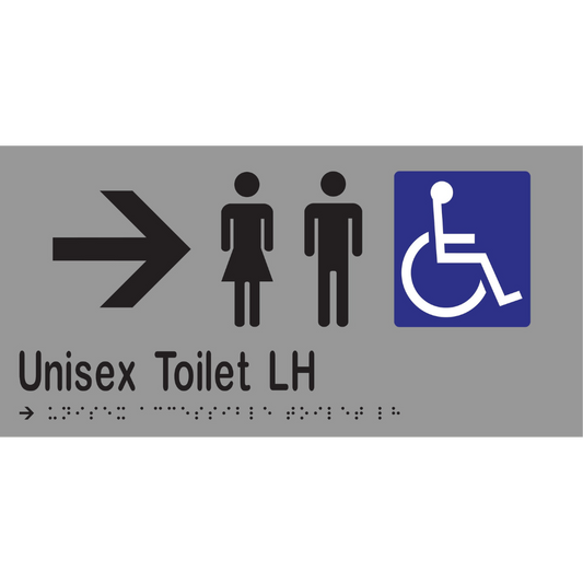Unisex Acc Toilet LH & Right Arrow Braille Sign - Stainless Steel with Black Infill
