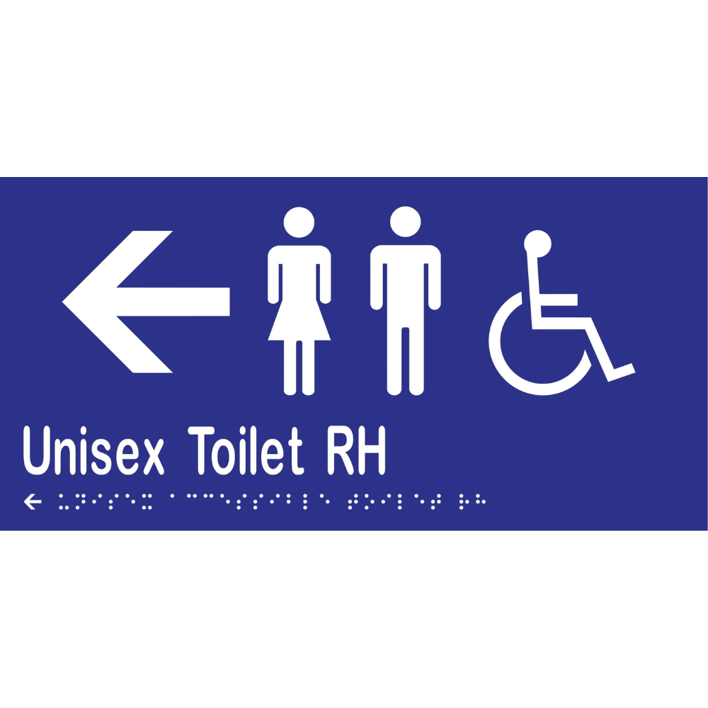 Unisex Acc Toilet RH & Left Arrow Braille Sign -Vinyl - Blue with White Infill