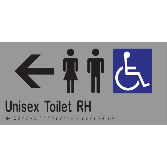 Unisex Acc Toilet RH & Left Arrow Braille Sign - Stainless Steel with Black Infill