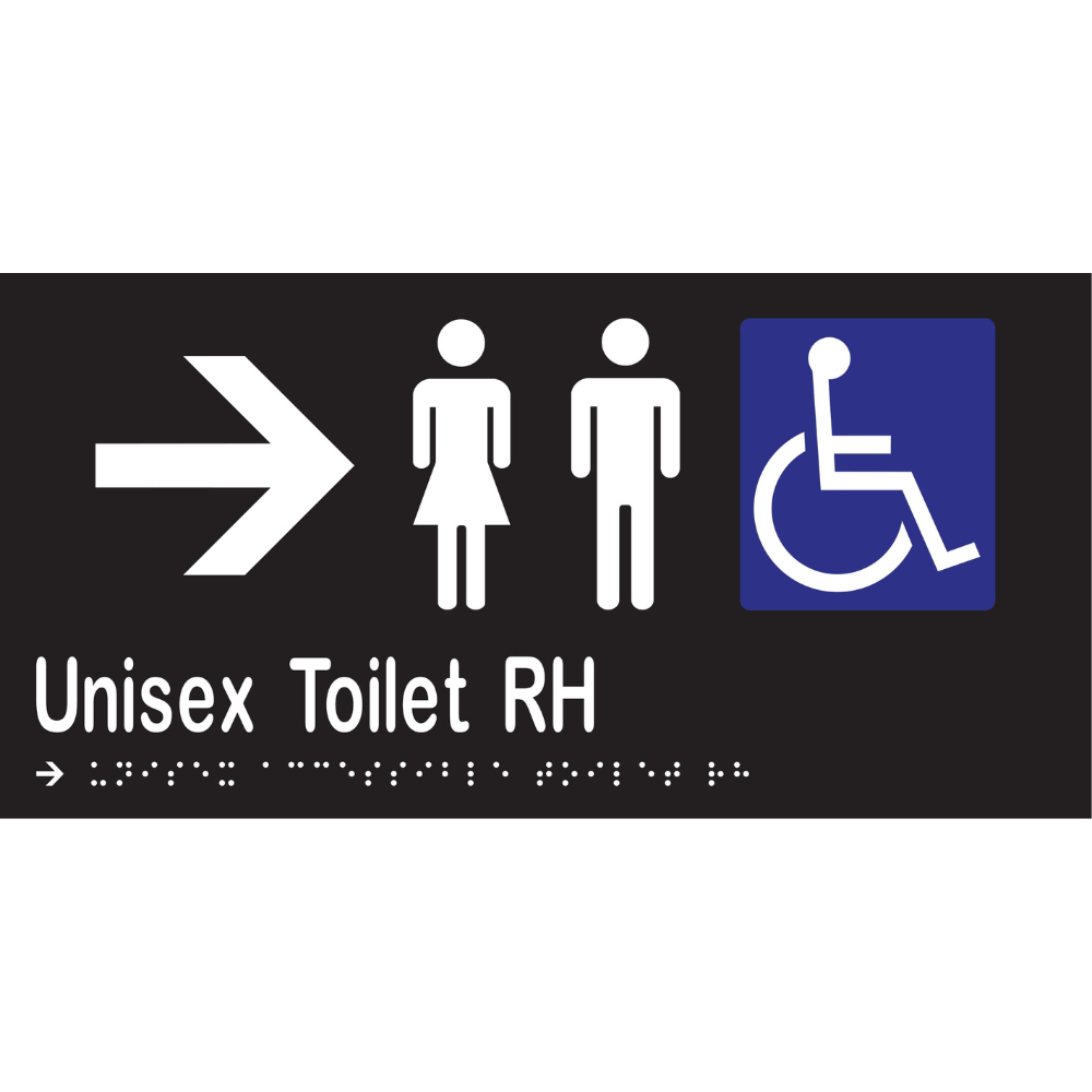 Unisex Acc Toilet RH & Right Arrow Braille Sign - Vinyl - Black with White Infill