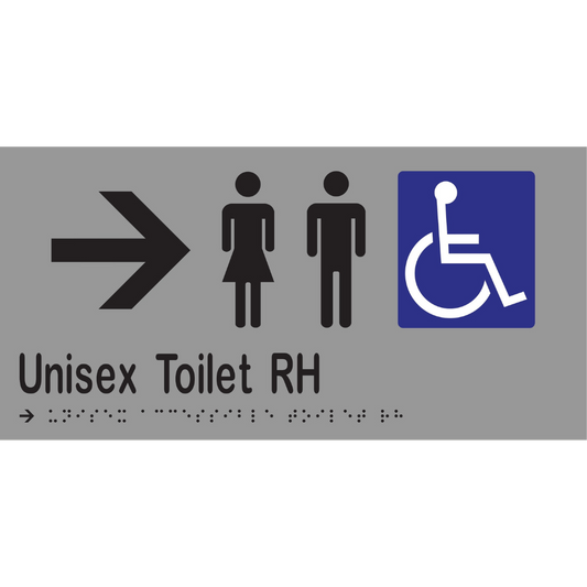 Unisex Acc Toilet RH & Right Arrow Braille Sign - Vinyl - Silver with Black Infill