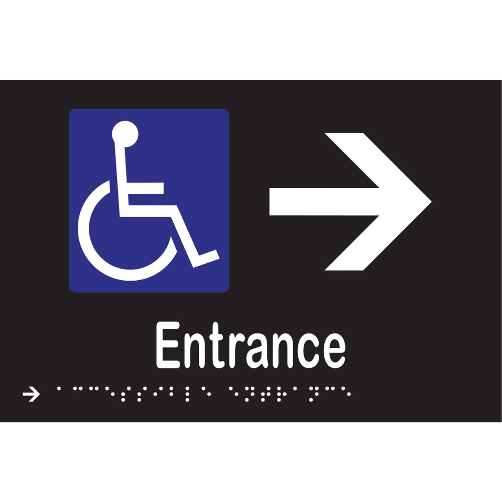 Accessible Entrance & Right Arrow Braille Sign - Vinyl - Black with White Infill