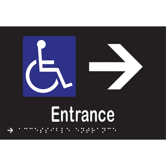 Accessible Entrance & Right Arrow Braille Sign - Vinyl - Black with White Infill