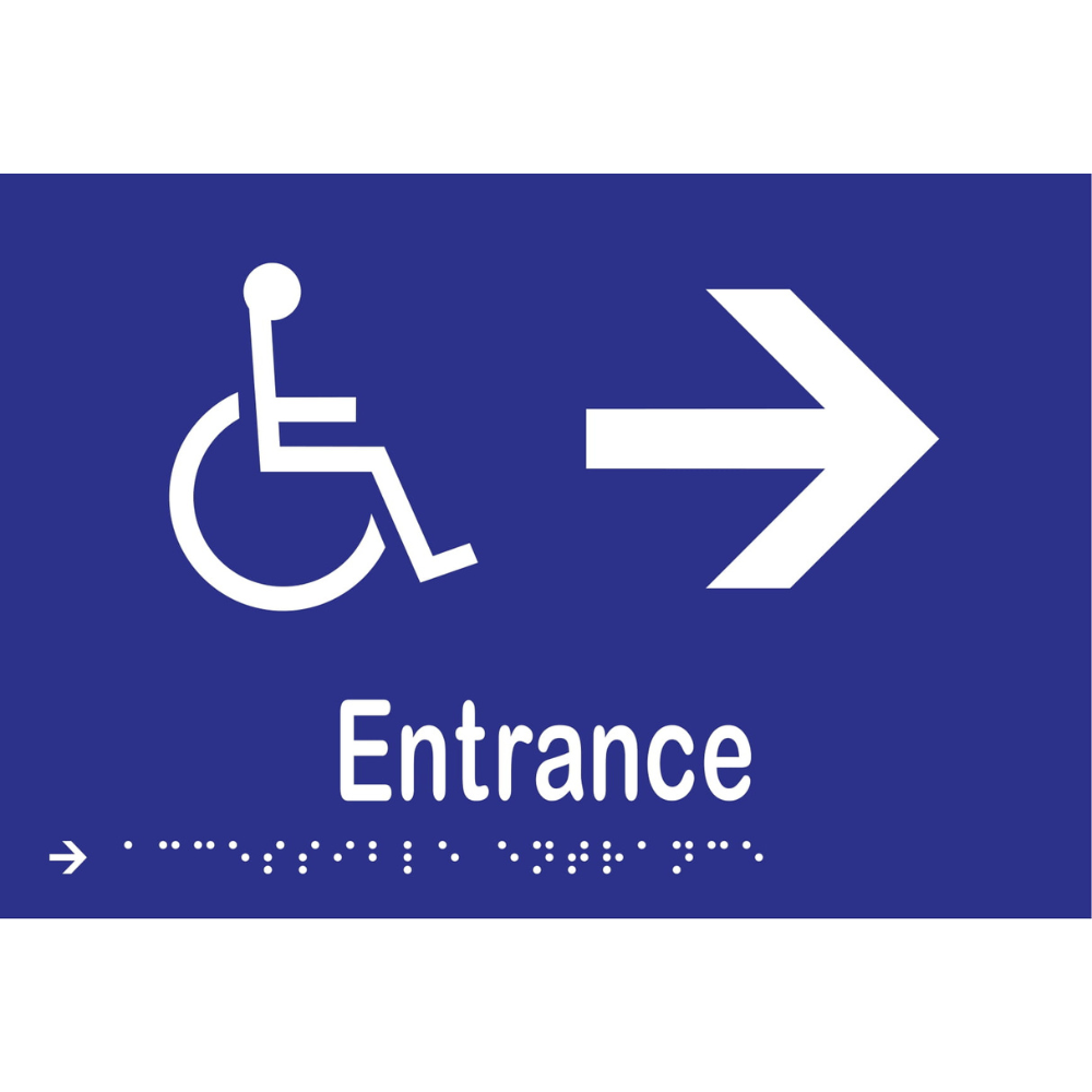 Accessible Entrance & Right Arrow Braille Sign -Vinyl - Blue with White Infill