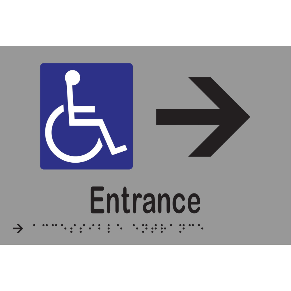 Accessible Entrance & Right Arrow Braille Sign - Vinyl - Silver with Black Infill