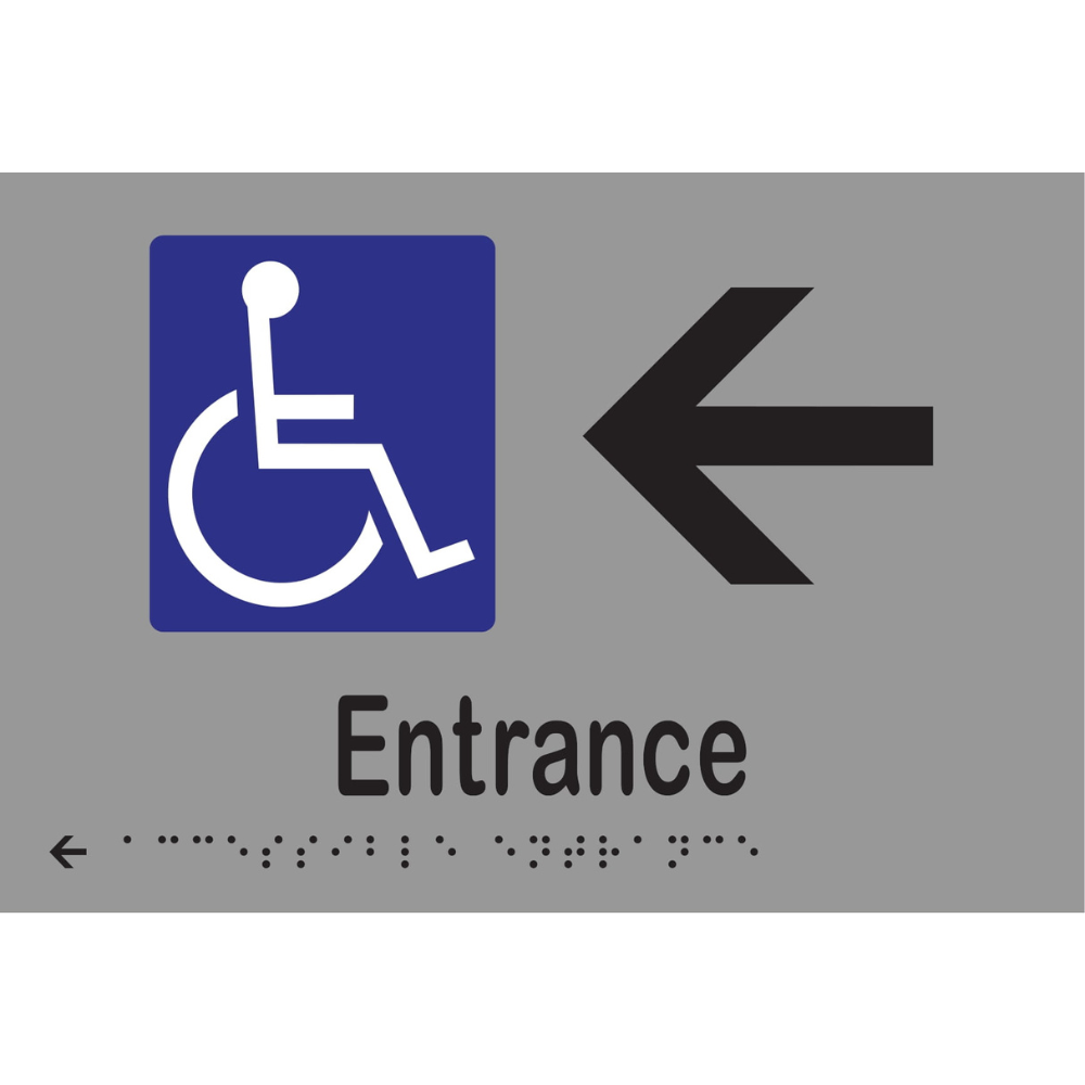 Accessible Entrance & Left Arrow Braille Sign - Stainless Steel with Black Infill