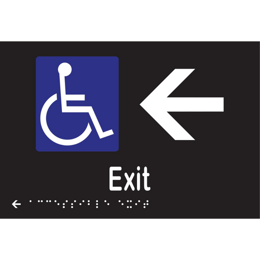 Accessible Exit & Left Arrow Braille Sign - Vinyl - Black with White Infill