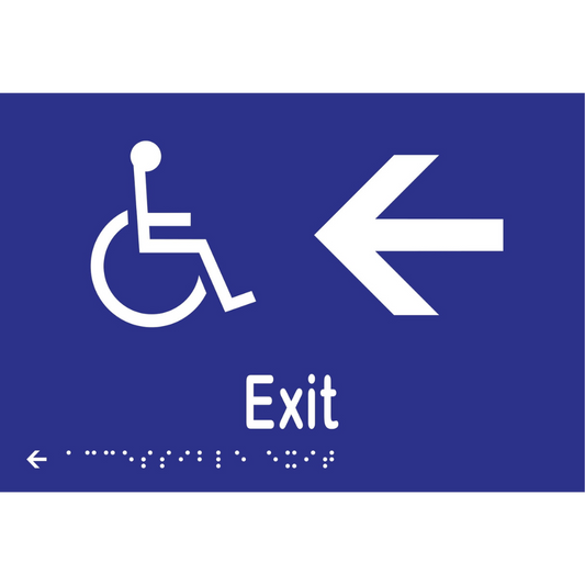Accessible Exit & Left Arrow Braille Sign -Vinyl - Blue with White Infill