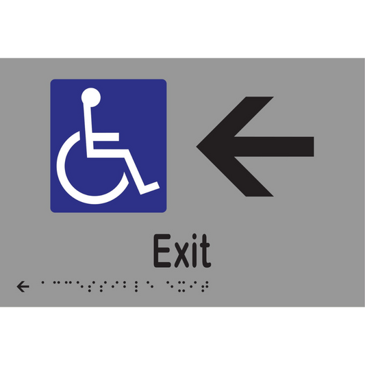Accessible Exit & Left Arrow Braille Sign - Stainless Steel with Black Infill