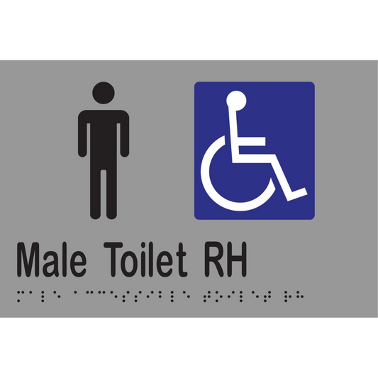 Male Acc Toilet RH Braille Sign - Vinyl - Silver with Black Infill