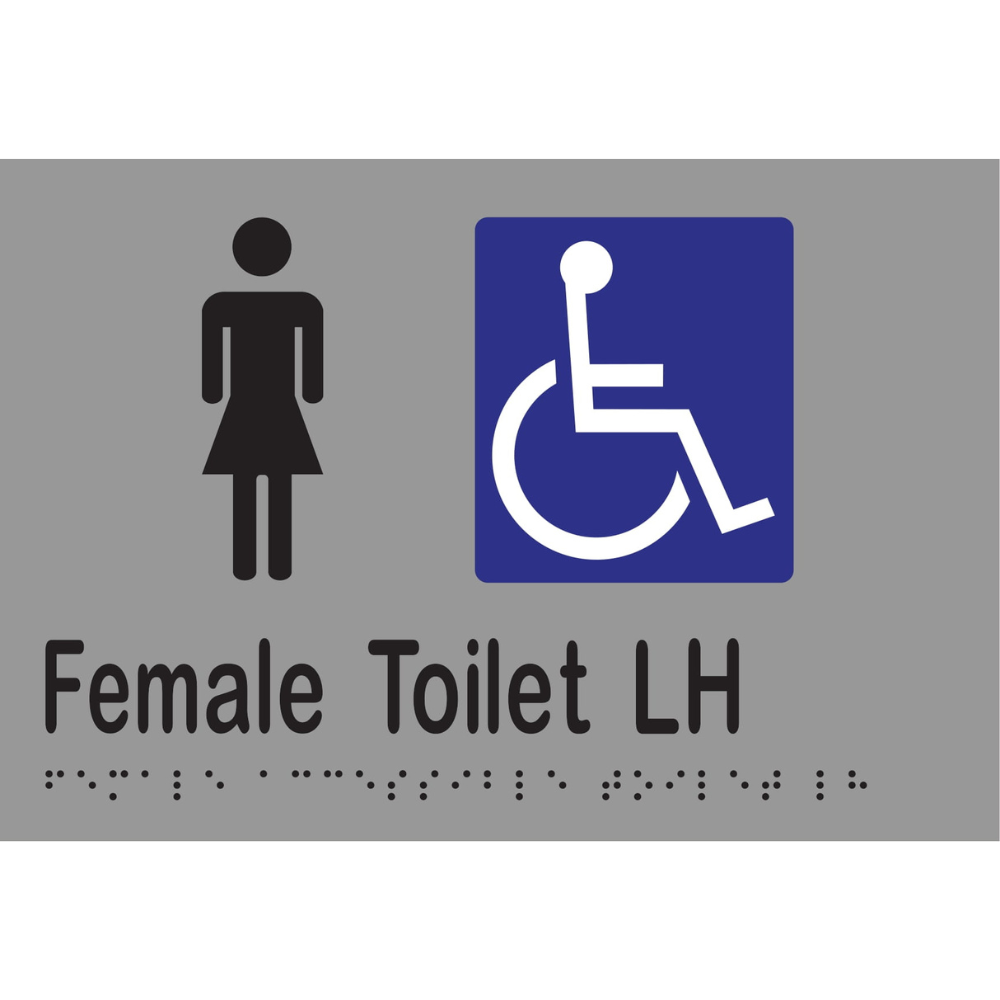Female Acc Toilet LH Braille Sign - Vinyl - Silver with Black Infill