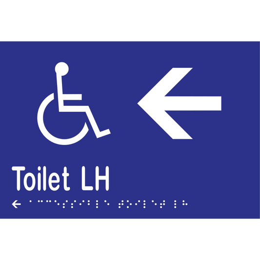 Accessible Toilet LH & Left Arrow Braille Sign -Vinyl - Blue with White Infill
