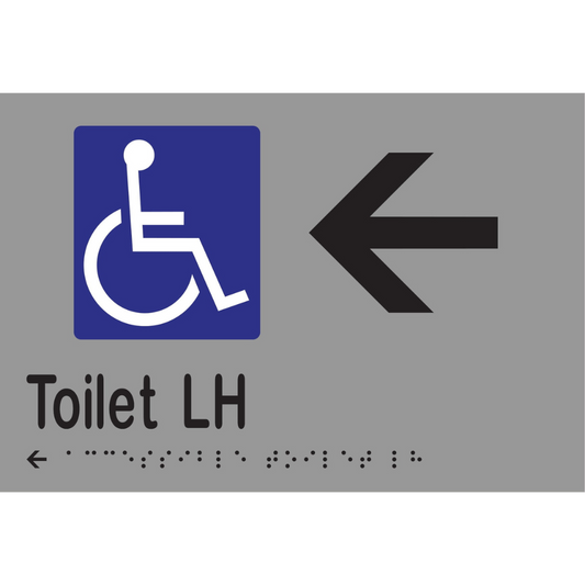 Accessible Toilet LH & Left Arrow Braille Sign - Vinyl - Silver with Black Infill