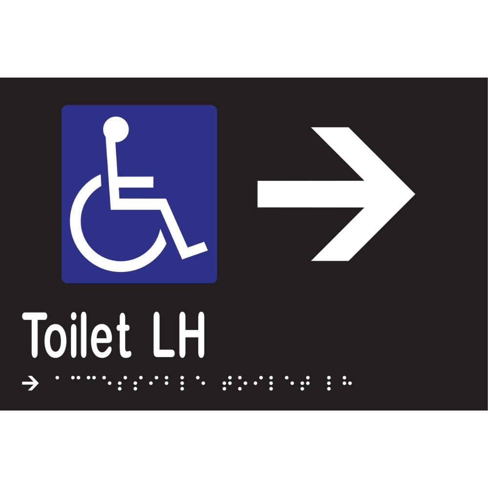 Accessible Toilet LH & Right Arrow Braille Sign - Vinyl - Black with White Infill