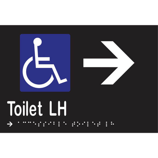 Accessible Toilet LH & Right Arrow Braille Sign - Vinyl - Black with White Infill