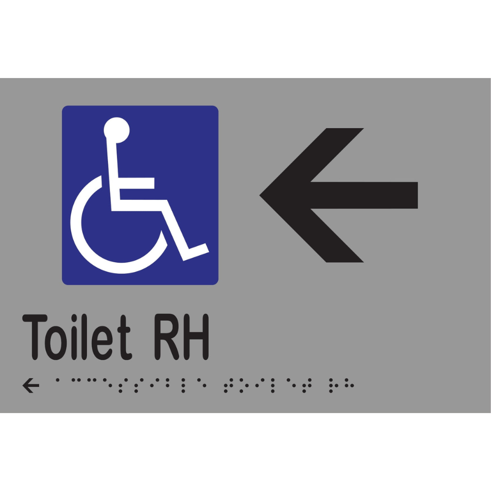Accessible Toilet RH & Left Arrow Braille Sign - Stainless Steel with Black Infill