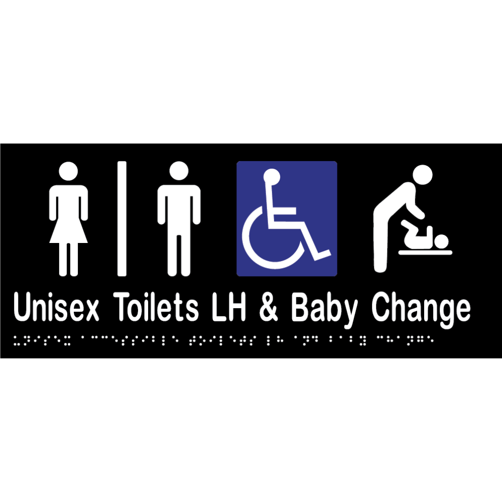 Uni Acc Tlts Div LH & Baby Change Braille Sign - Vinyl - Black with White Infill